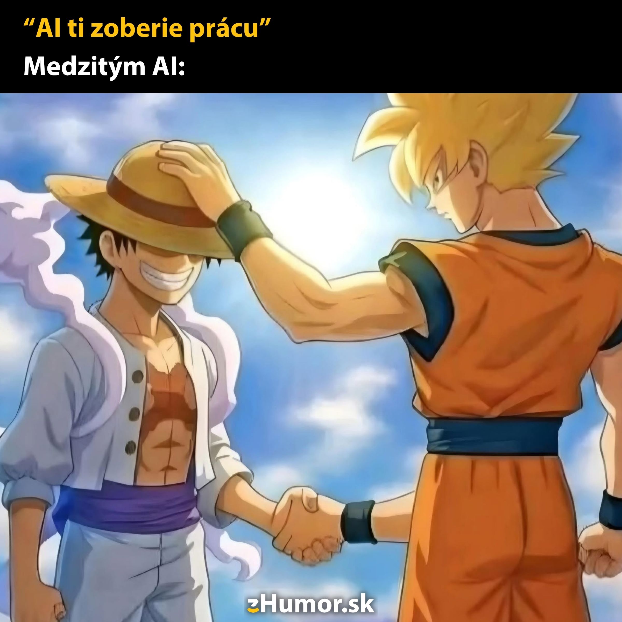 Dvaja slávni anime hrdinovia si podávajú ruky pod modrou oblohou, jeden v klobúku, druhý v oranžovom oblečení.