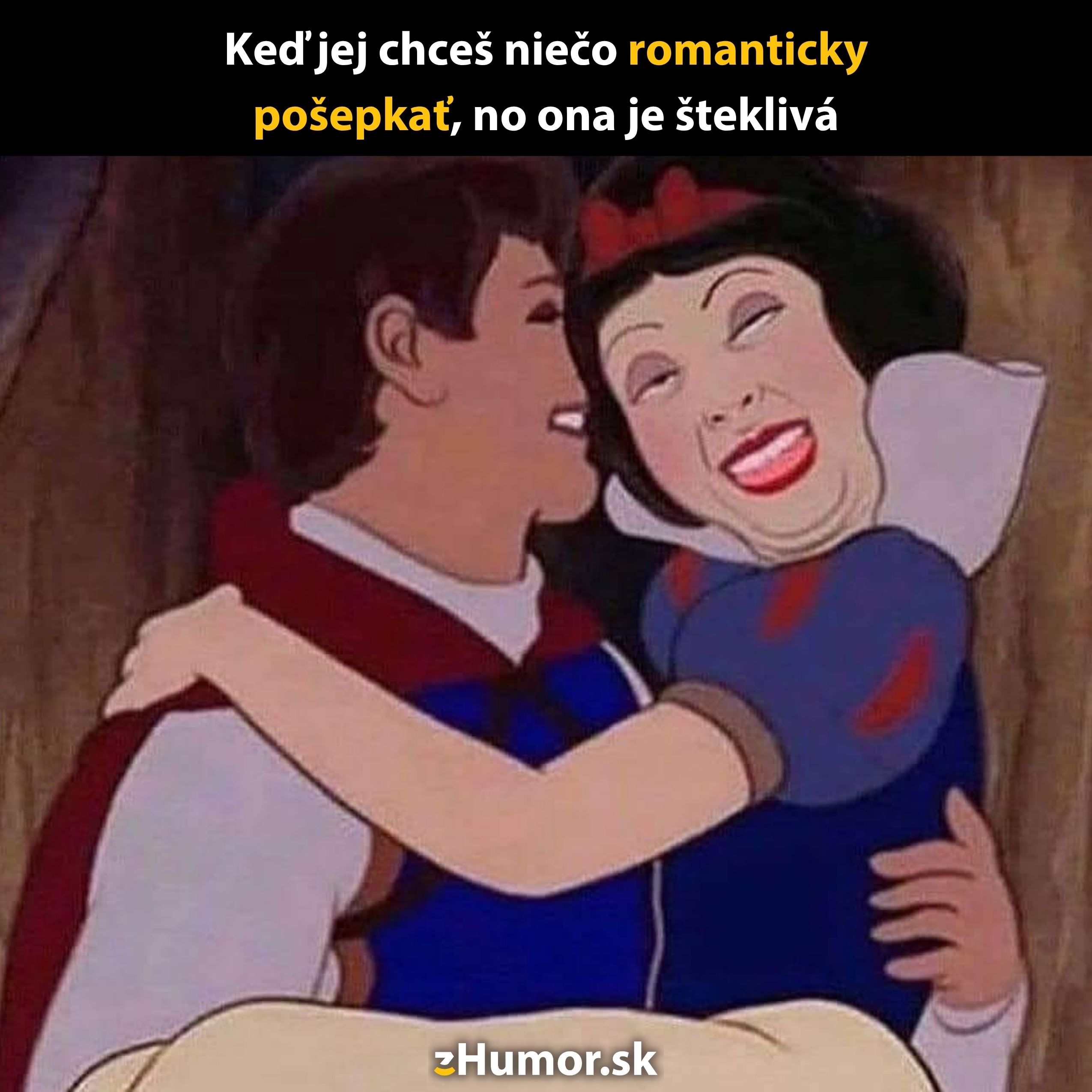 Kreslená postava sa smeje počas objatia, keď jej partner šepká do ucha, ilustrujúci komickú chvíľu blízkosti.