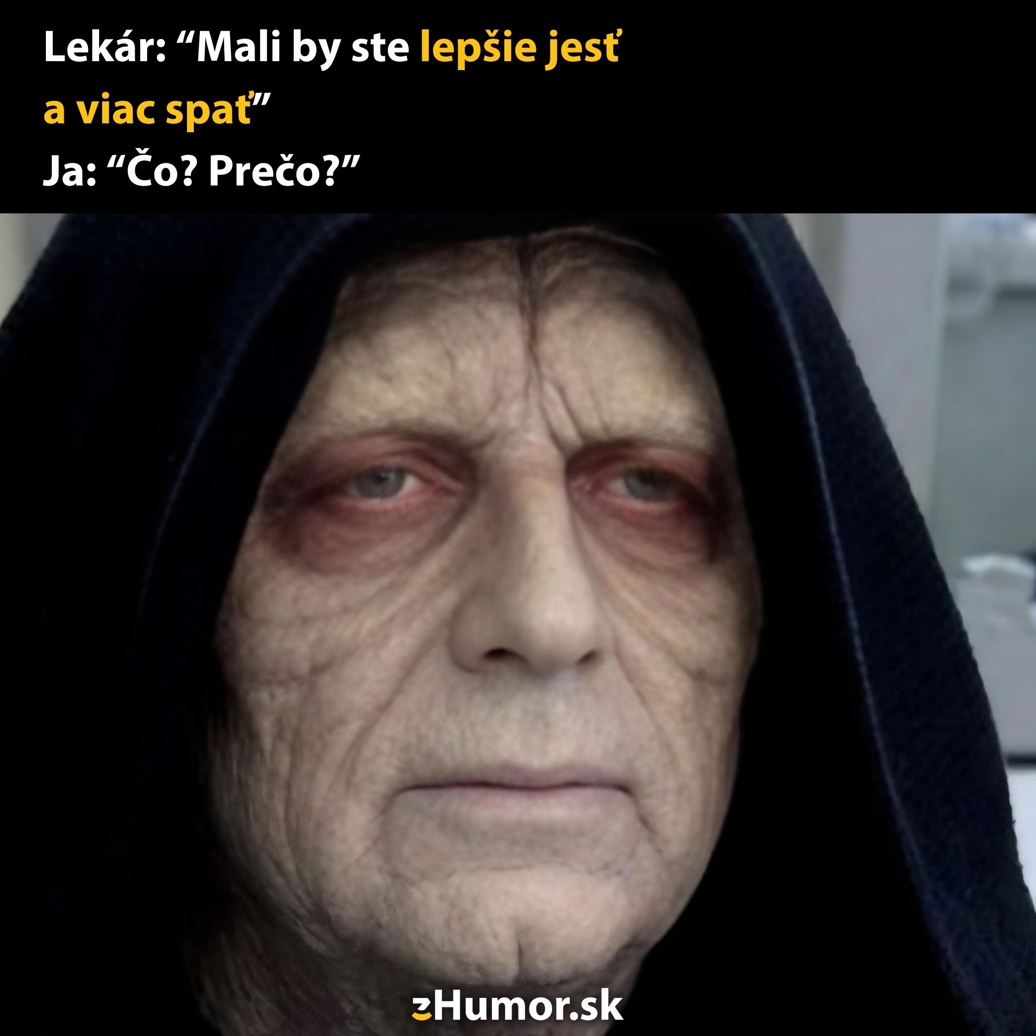 Starší muž s kapucňou, parodický text o zdravom životnom štýle; humor na tému únava.