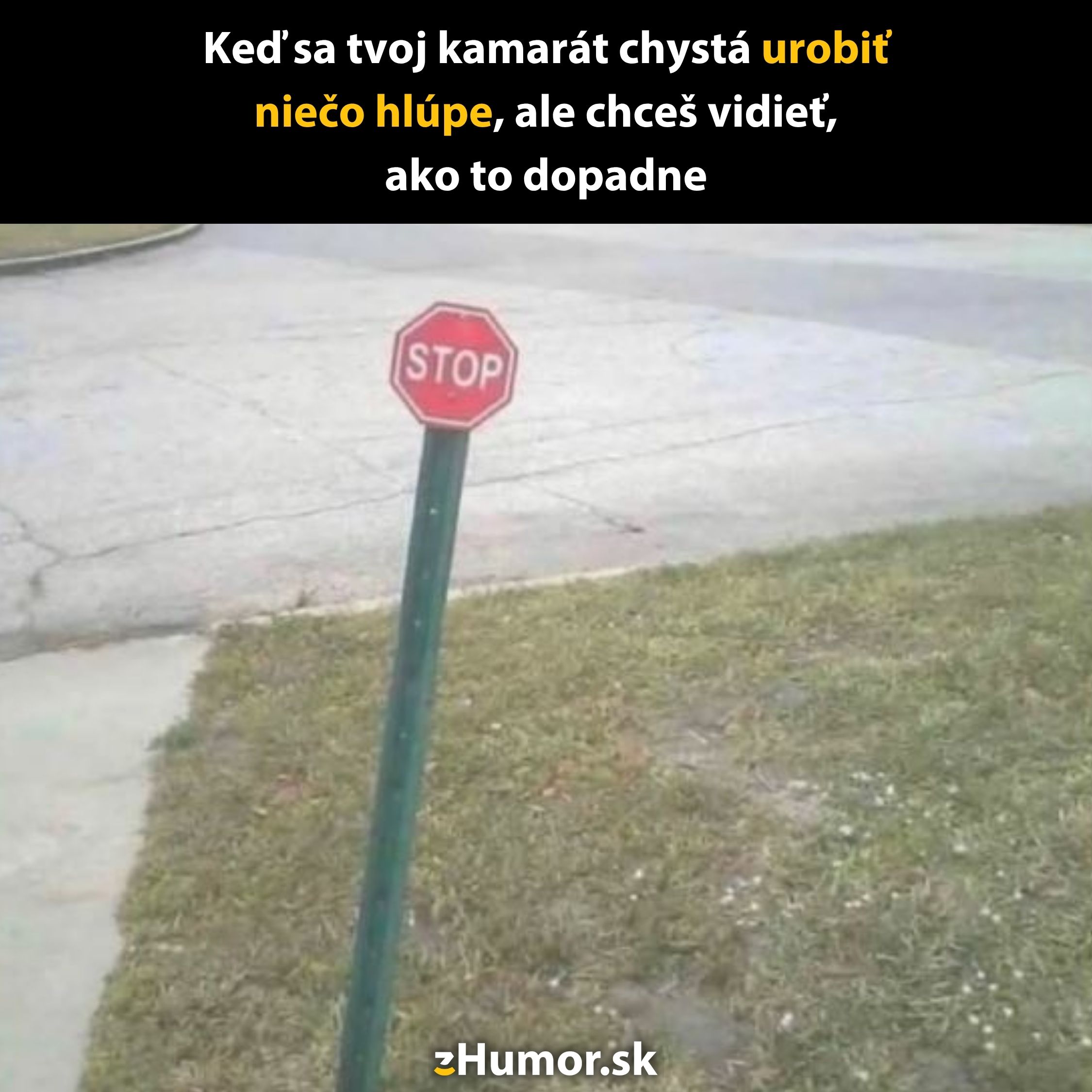 Krivá značka STOP na nízkom stĺpiku na trávniku, vtipná situácia s nápisom o kamarátovi.