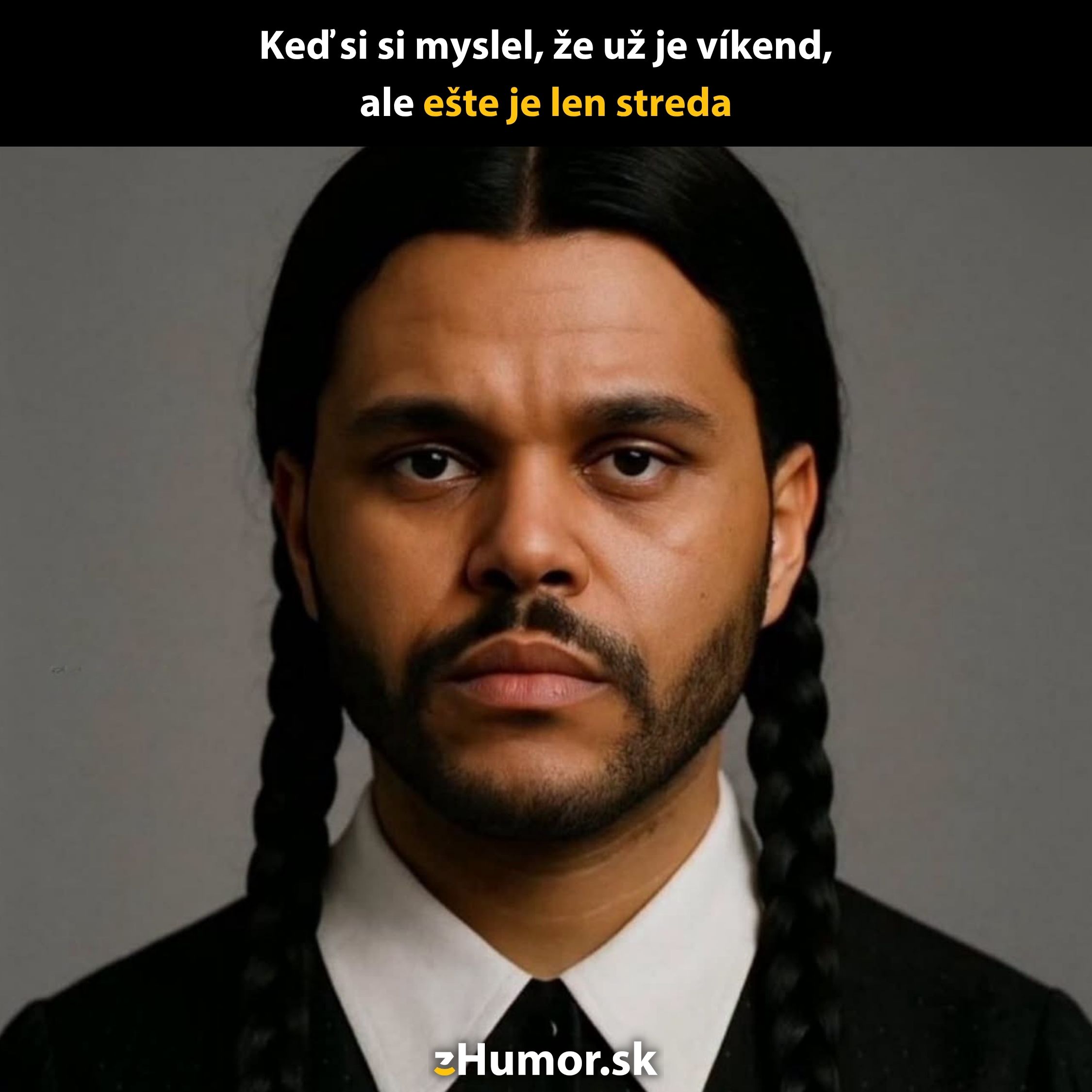 Osoba s vážnym výrazom v tvári, text: Keď si myslel, že je víkend, ale ešte je len streda na humornej stránke.