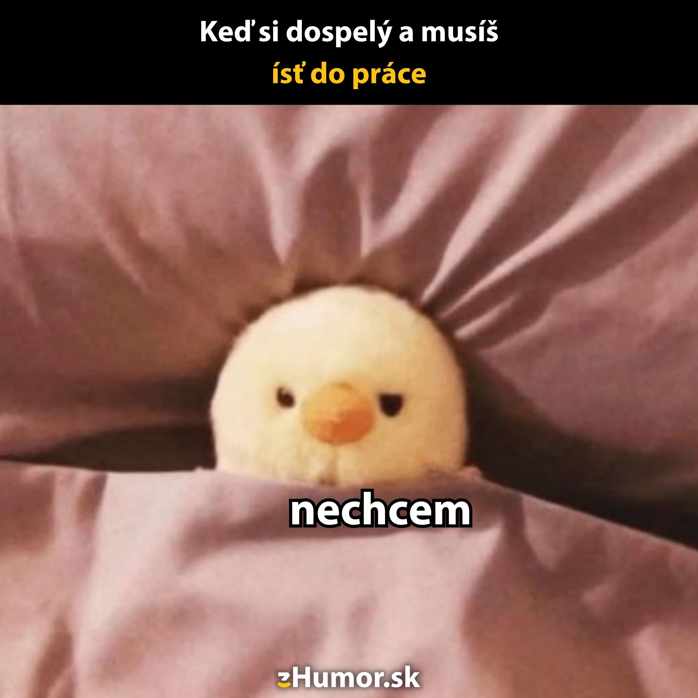 Malý vtáčik zabalený v prikrývke s nápisom nechcem vyjadrujúci nechuť vstávať a ísť do práce.