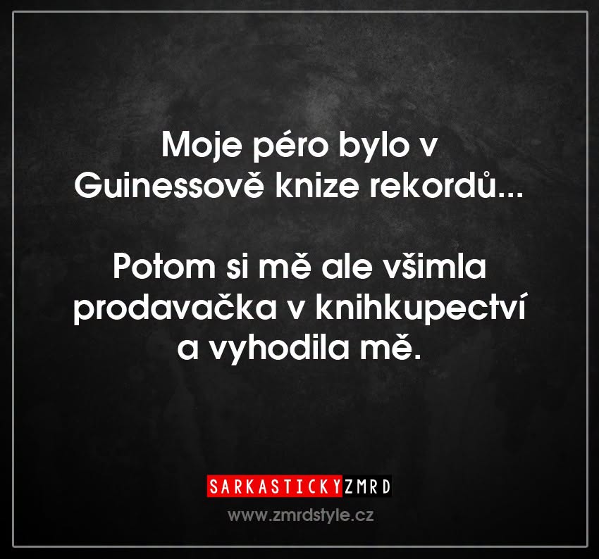 Vtipný text o Guinessovej knihe rekordov a kníhkupectve na čiernom pozadí.