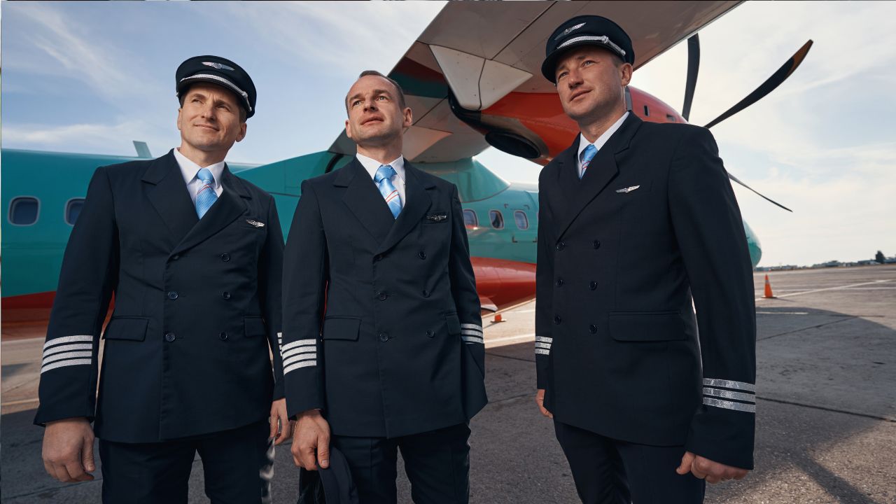 Traja piloti v uniformách stoja pred lietadlom na letisku za slnečného dňa.