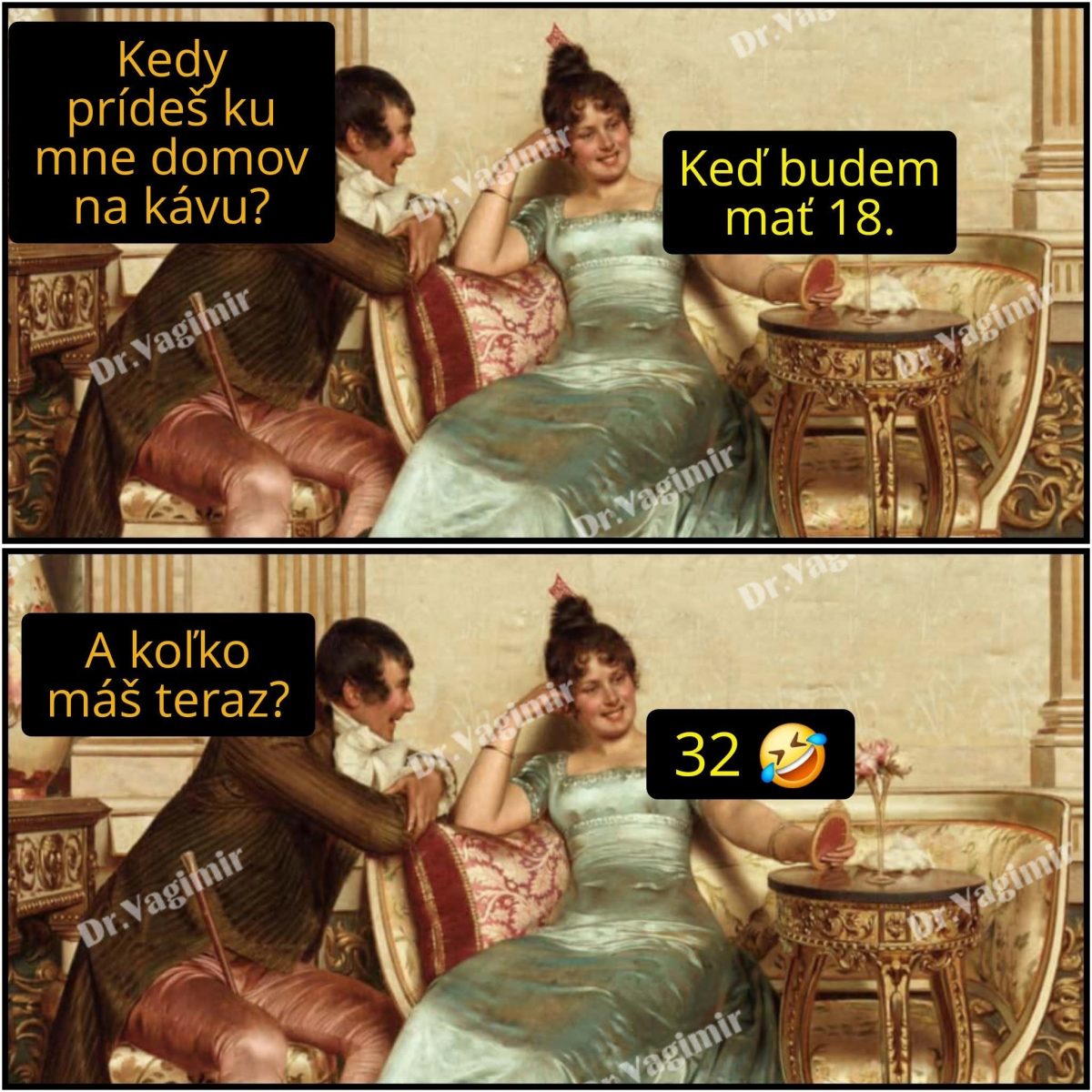 Klasické umelecké dielo s humorom: žena hľadá výhovorku pre pozvanie na kávu.