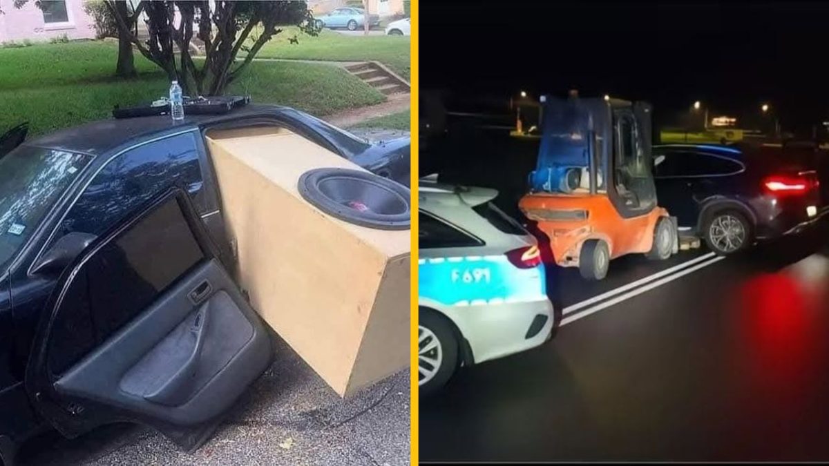 Auto s veľkým subwooferom a vysokozdvižný vozík tlačiaci čierne auto na ceste v noci.