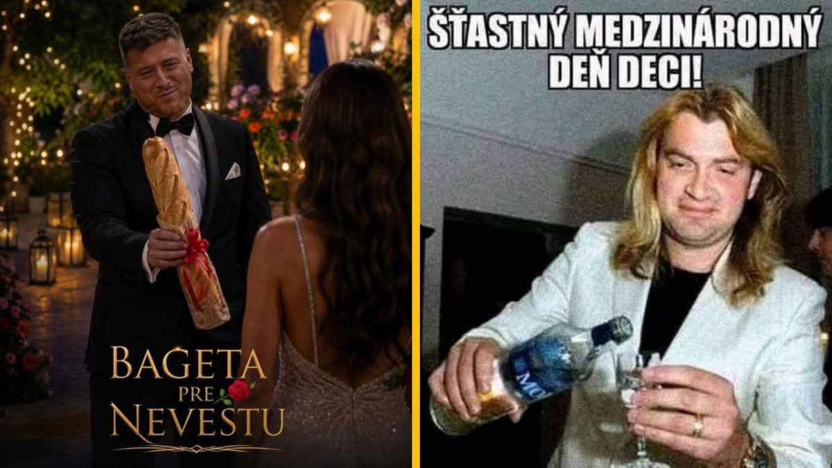 Dvojica memes: muž daruje bagetu neveste, vedľa oslava s vodkou a výkrikom Šťastný medzinárodný deň deci!.