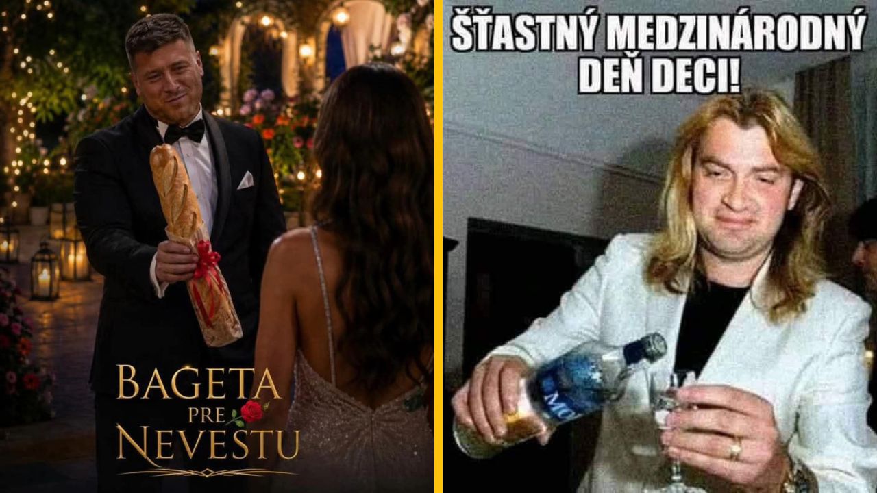 Dvojica memes: muž daruje bagetu neveste, vedľa oslava s vodkou a výkrikom Šťastný medzinárodný deň deci!.