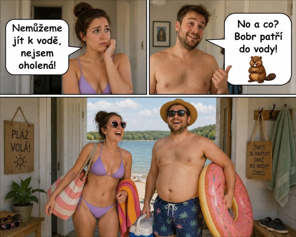 Pár na pláži rieši dilemu s ochlpením, ale rozhodne sa vychutnať si deň pri vode bez starostí.
