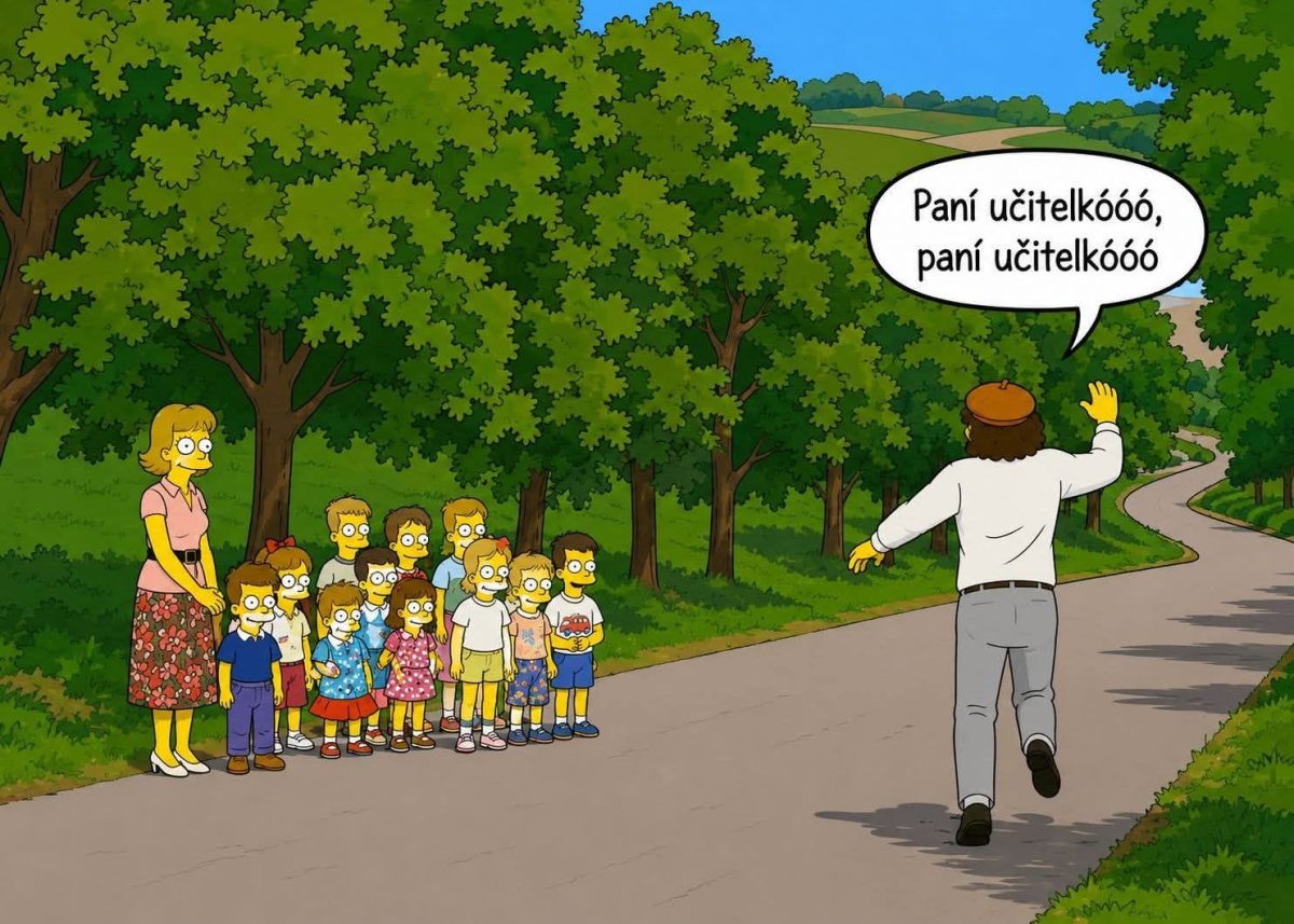 Skupina detí s učiteľkou vonku, jeden muž kričí a beží po ceste v prírode.