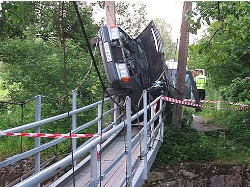 Auto na úzkom moste sa nakláňa, podopiera ho zábradlie, v pozadí sú stromy a policajné pásky.