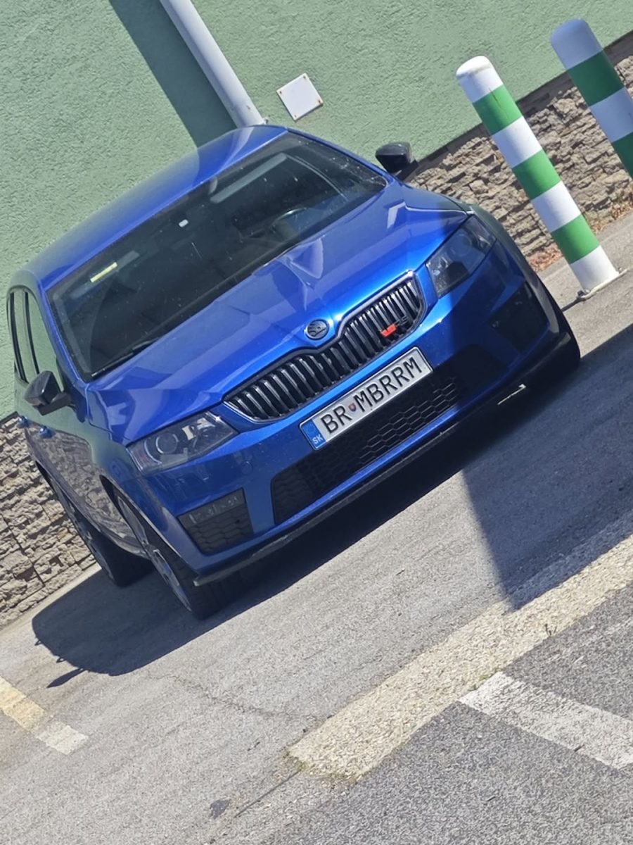 Modrá Škoda zaparkovaná vedľa zelenej steny na slnečnom parkovisku.