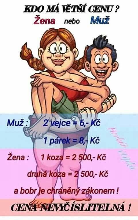 Ilustrácia porovnávajúca hodnotu mužov a žien s humorným textom o cenách vajec a kôz.