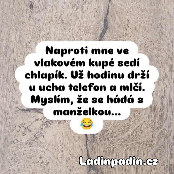 Vtipný text o mužovi vo vlaku držiacom mobil, ktorý naznačuje tichú hádku s manželkou, s emotikonom smiechu.