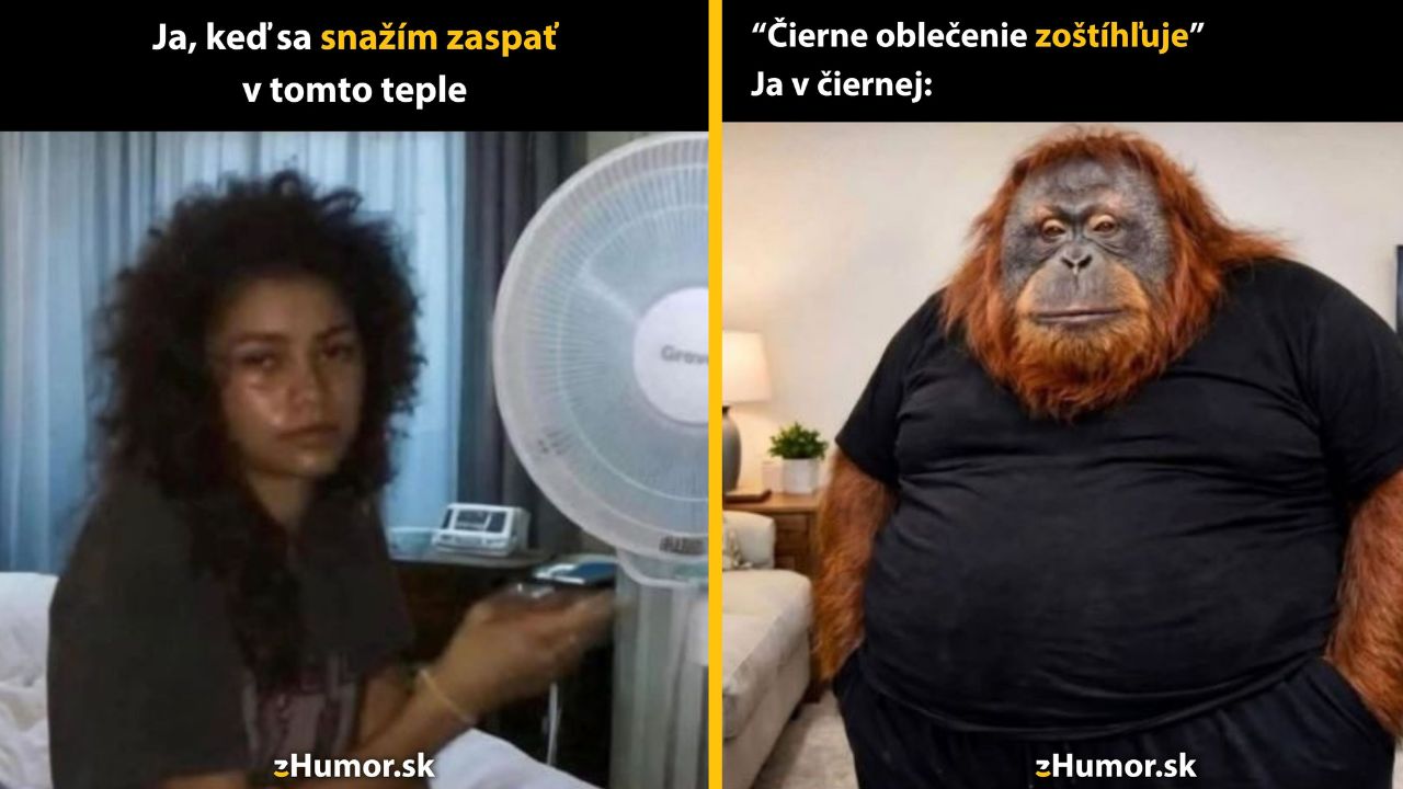 Žena s ventilátorom a orangutan v čiernom tričku ilustrujú humorné situácie každodenného života.