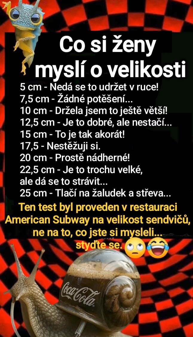Vtipný text o veľkosti sendvičov v Subway s obrázkom slimáka a nápoja.