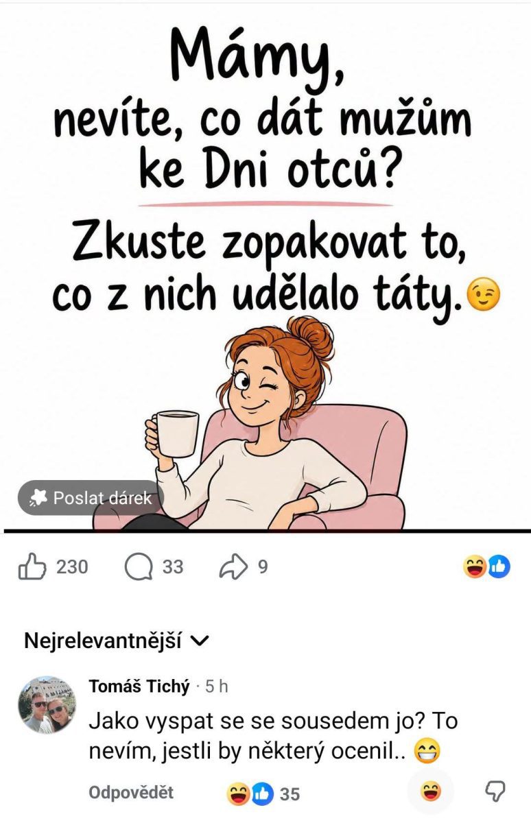Humorný obrázok s tipom na darček ku Dňu otcov: Opakujte, čo z mužov urobilo otcov.
