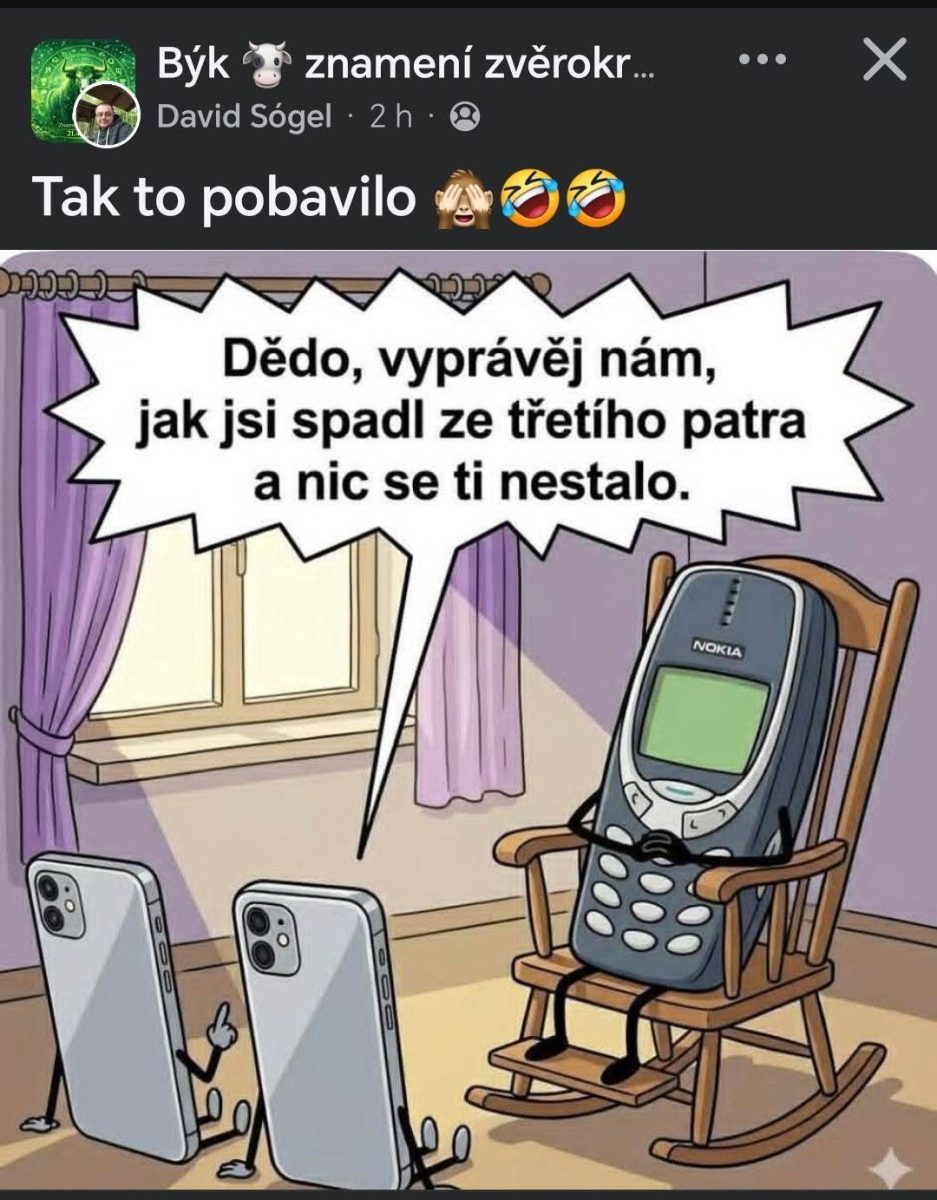 Starý mobil Nokia na stoličke rozpráva príbeh dvom moderným smartfónom o svojej odolnosti.