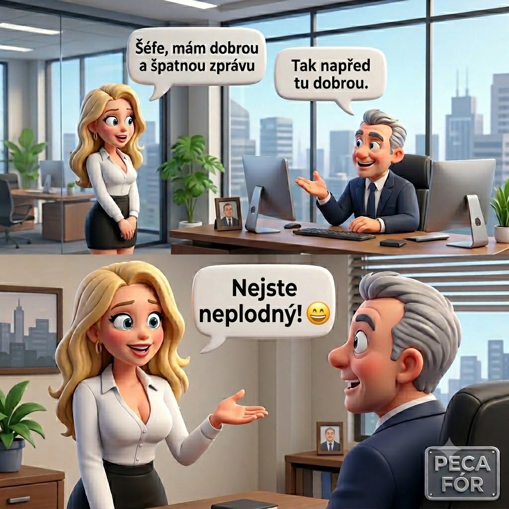 Kreslený šéf v kancelárii dostáva dobrú a zlú správu od kolegyne, s úsmevom načúva.