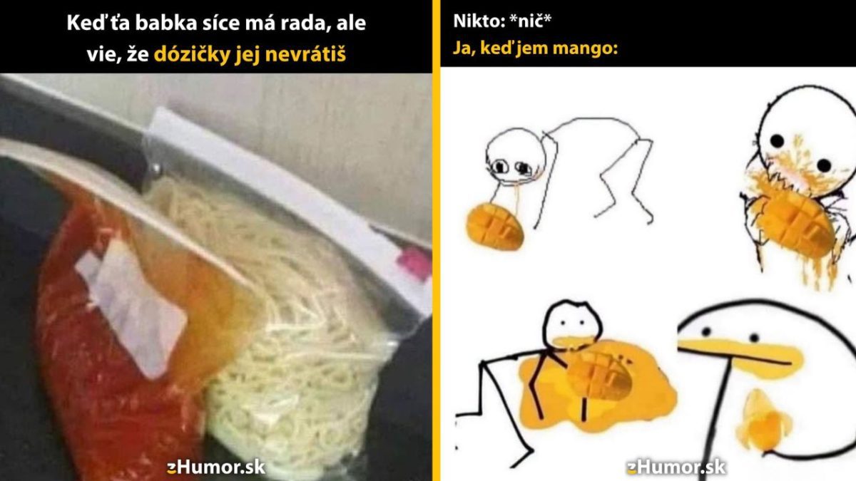 Meme s vtipom o nevydaných dózičkách od babky a ilustrácie o jedení manga.