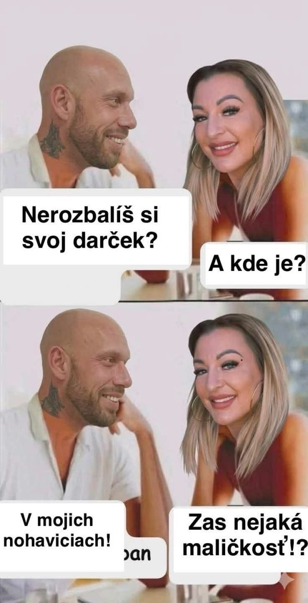 Muž a žena s úsmevom komunikujú vtipnou konverzáciou s textami v bublinách.
