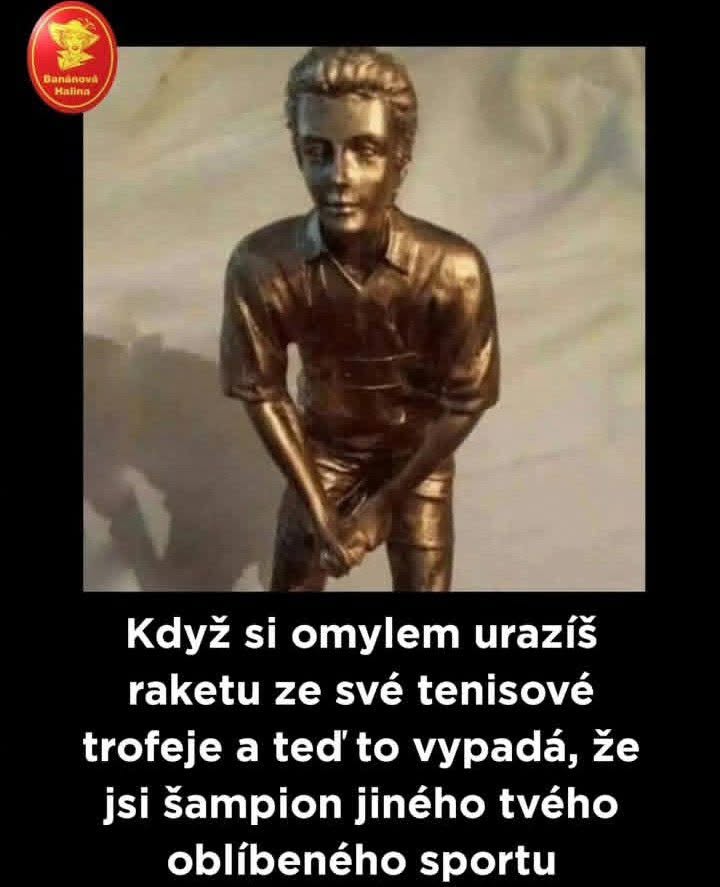 Bronzová soška tenisového hráča bez rakety, pripomínajúca iný športový úspech.