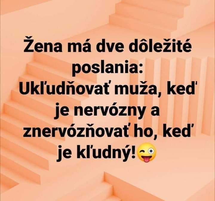 Vtipný citát o ženských poslaniach s humorným nádychom na oranžových schodoch.