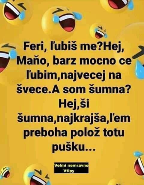 Vtipný obrázok s emotikonmi a textom v šarištine o láske a vtipnej výzve so zbraní.