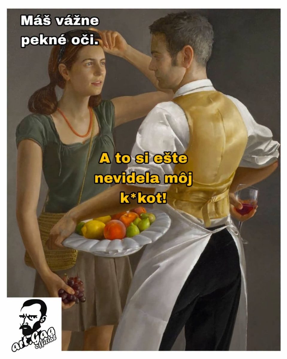 Obrázok muža s podnosom ovocia a pohárom vína, ženy v rozhovore. Humorná ilustrácia s textom.
