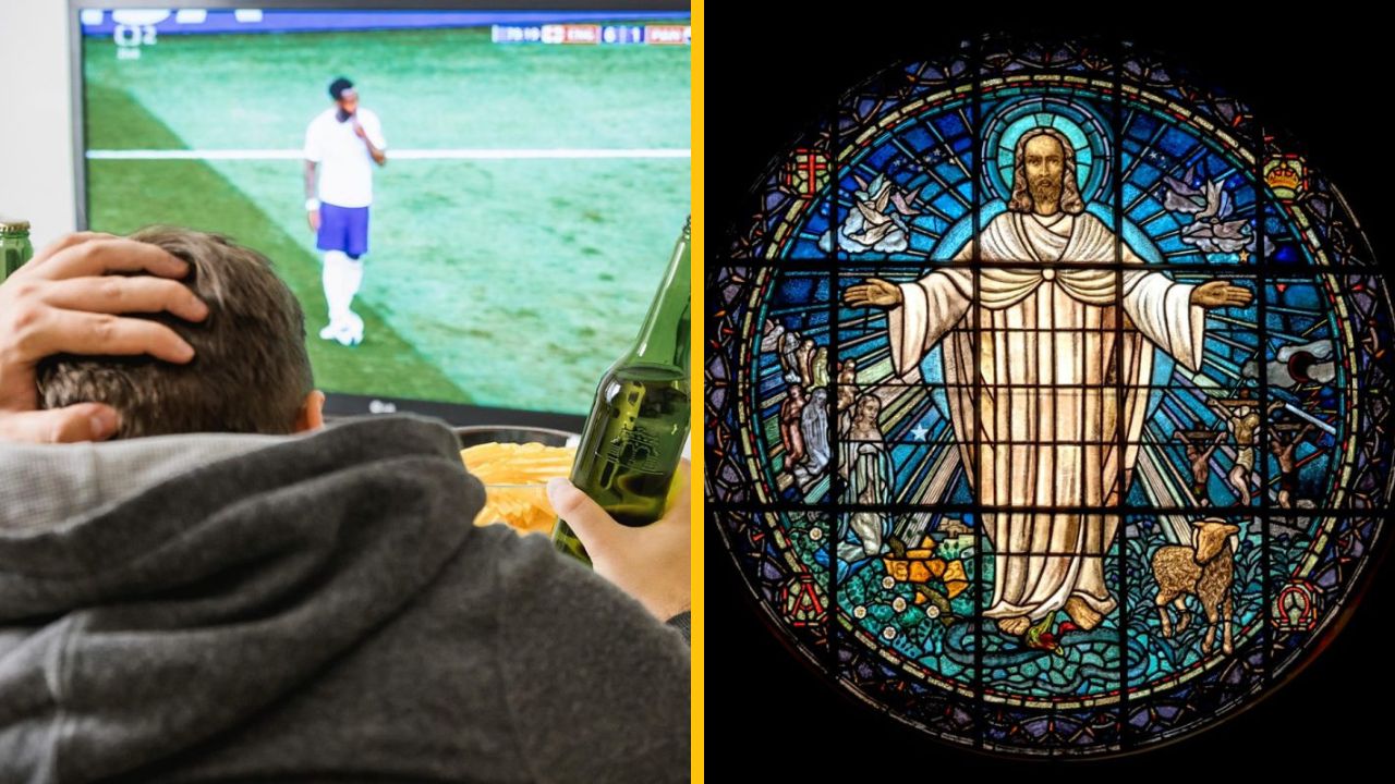 Ďalej, fanúšik sleduje futbalový zápas s pivom, vedľa obraz vitráže s Ježišom v kostole.