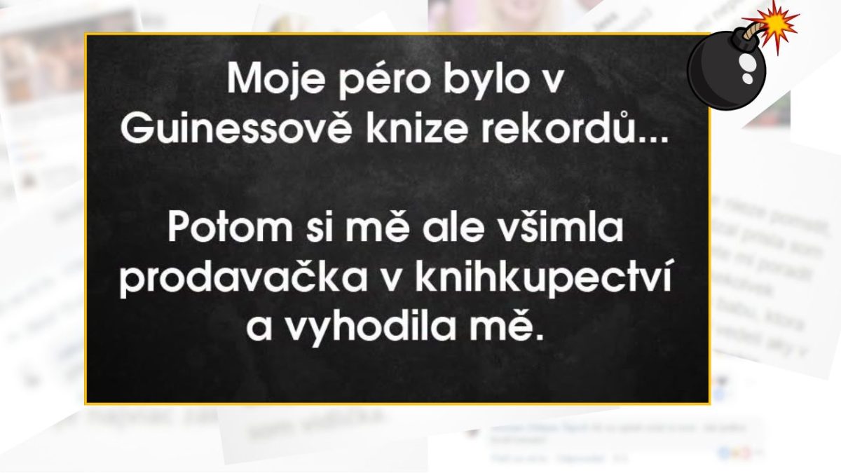 Vtipný text na tabuli o Guinessovej knihe rekordov a knihovníčke v kníhkupectve.