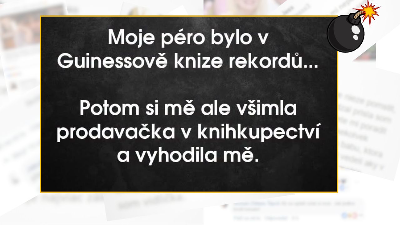 Vtipný text na tabuli o Guinessovej knihe rekordov a knihovníčke v kníhkupectve.