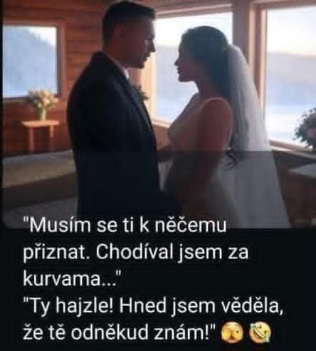 Neviem presne, kto je na obrázku, no zobrazuje novomanželský pár v interiéri počas svadby s textom vo vtipnom štýle.