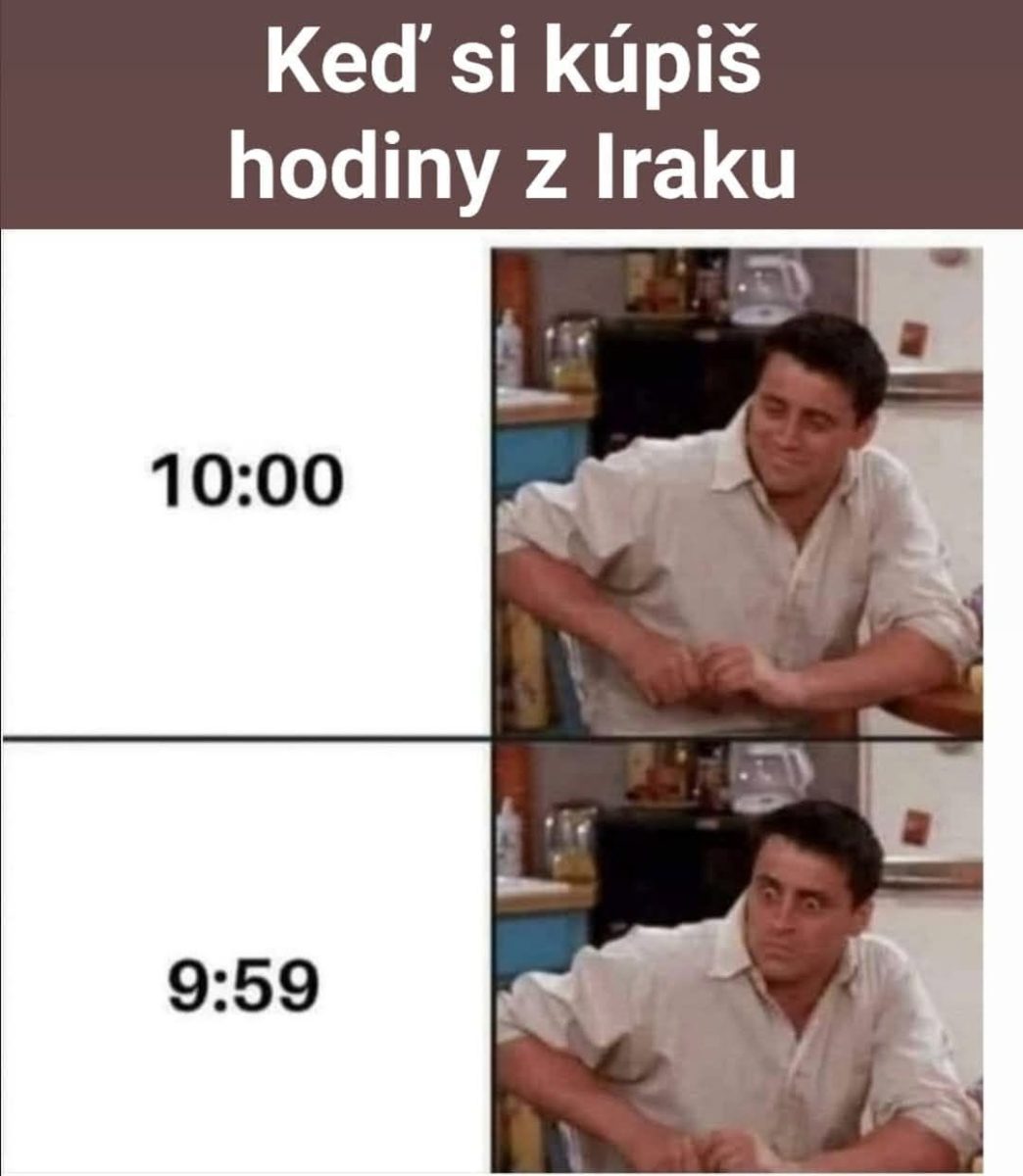 Muž prekvapene reaguje na vtip o kúpe hodín z Iraku, kde čas beží dozadu.