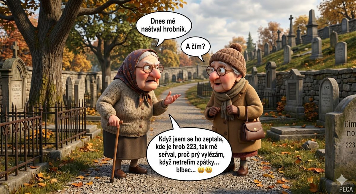 Dve babičky vtipne konverzujú na cintoríne medzi hrobmi v jesenný deň.