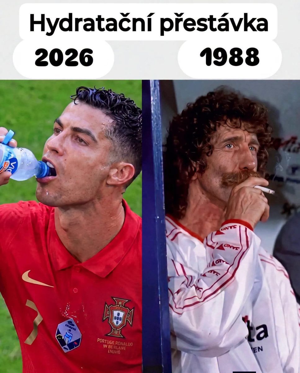 Dva kontrasty športovej prestávky: futbalista pije vodu (2026) a iný muž fajčí cigaretu (1988).