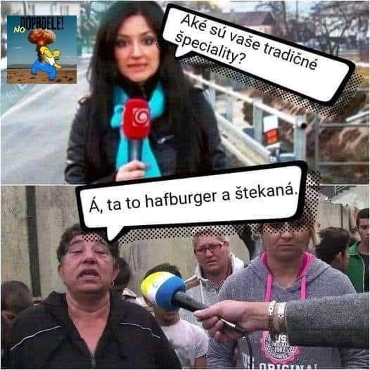 Žena s mikrofónom robí rozhovor, pýtajúc sa na tradičné špeciality. Odpoveď: Hafburger a štekaná.