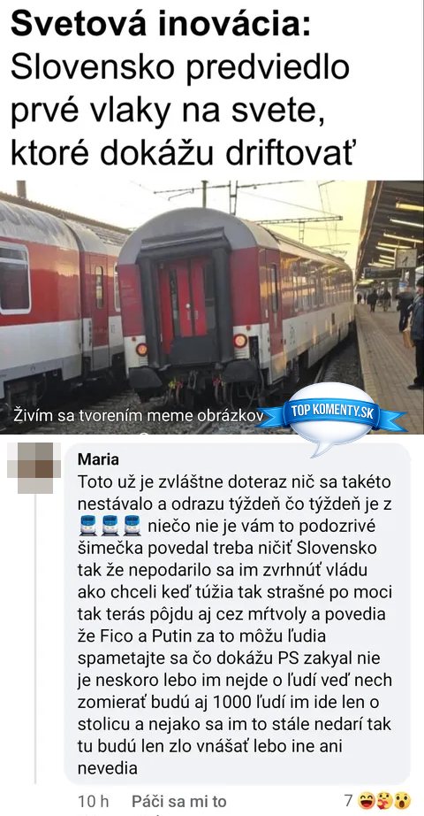 Meme o vlaku na Slovensku s popisom o svetovej inovácii v driftovaní vlakov.