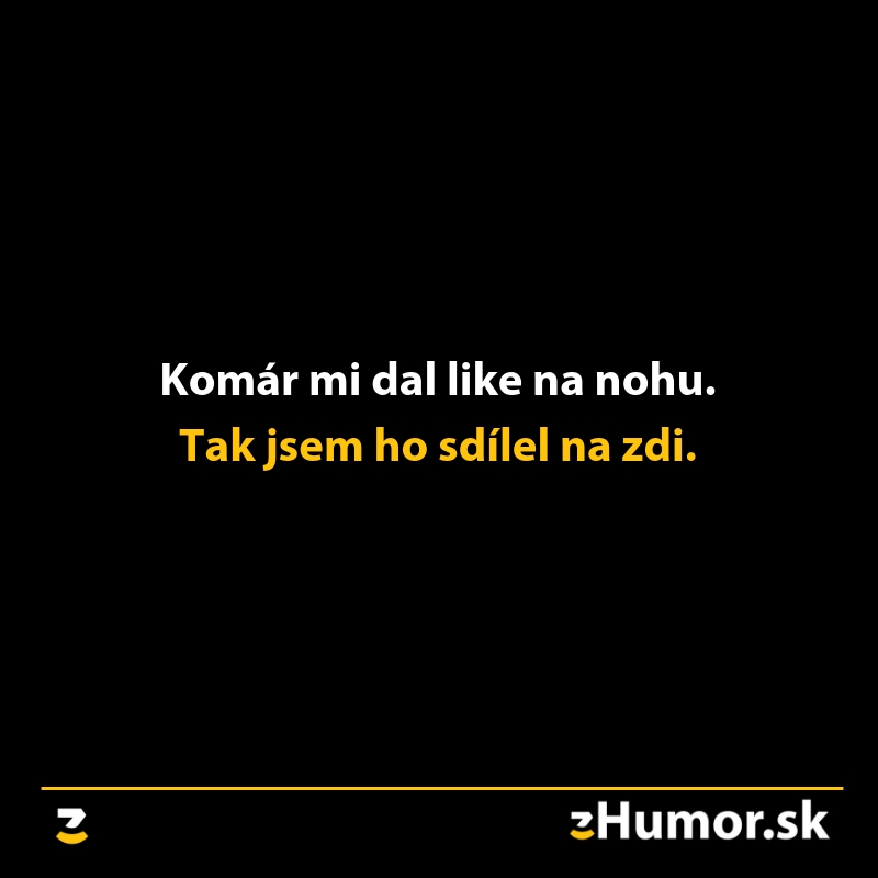 Vtipná koláž s textom o komárovi, ktorý dal like na nohu a bol zdieľaný na stene.