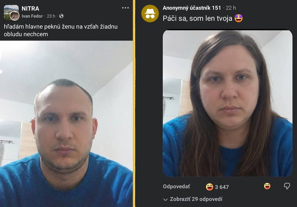 Muž a žena vo videohovore, obaja s vážnym výrazom, hľadajú vzťah.