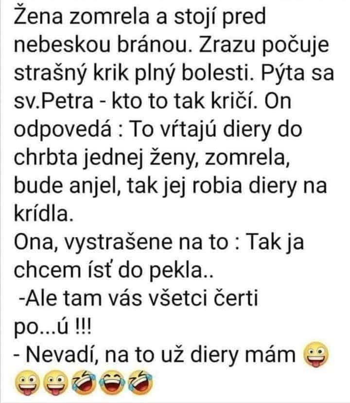 Vtip o žene pred nebeskou bránou; rozmýšľa medzi nebom a peklom s humorom o dierach na krídlach.