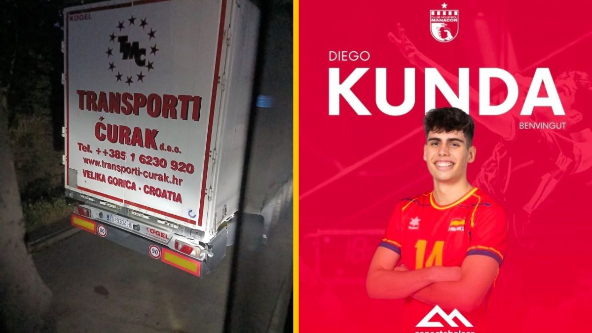 Nákladné auto Transporti Čurak vedľa športovca v červenom drese s menom Kunda na červenom pozadí.