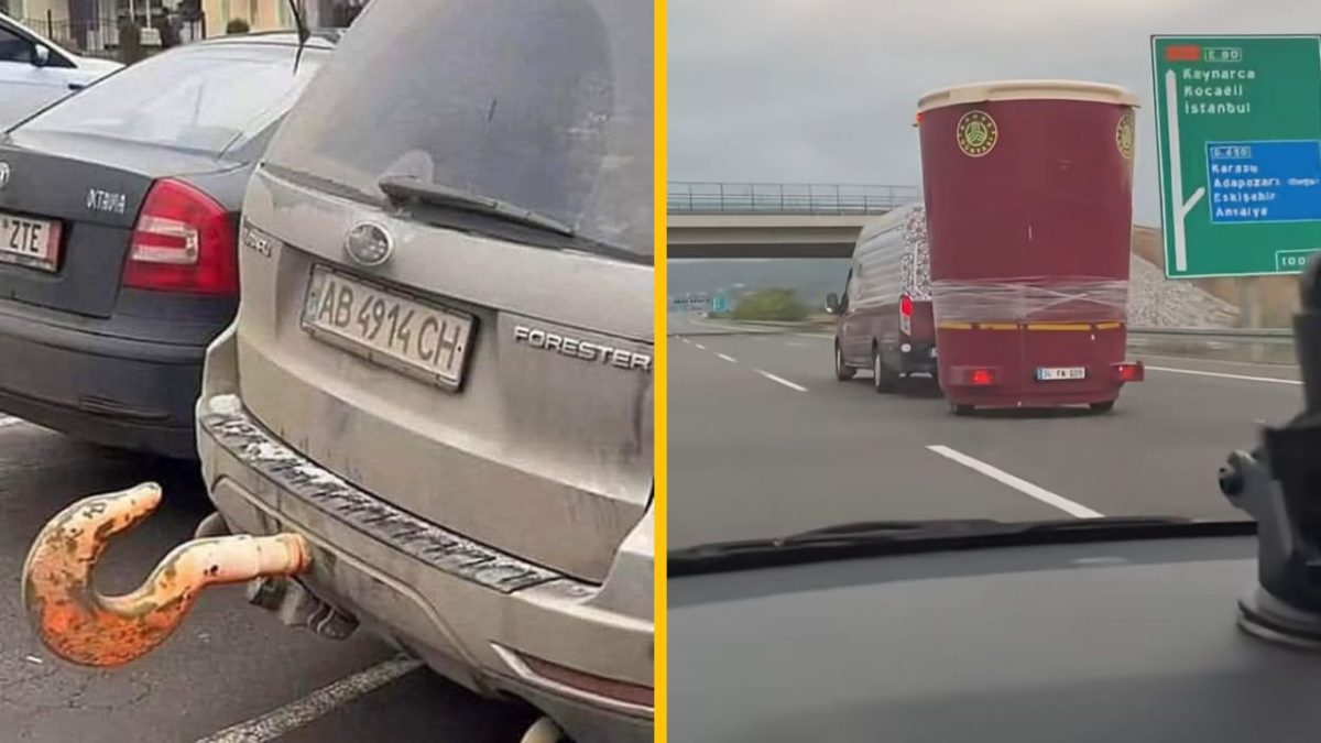 Vtipný ťahací hák na aute a obrovský hrnček na káve prepravovaný po diaľnici, pohľad z dvoch miest.