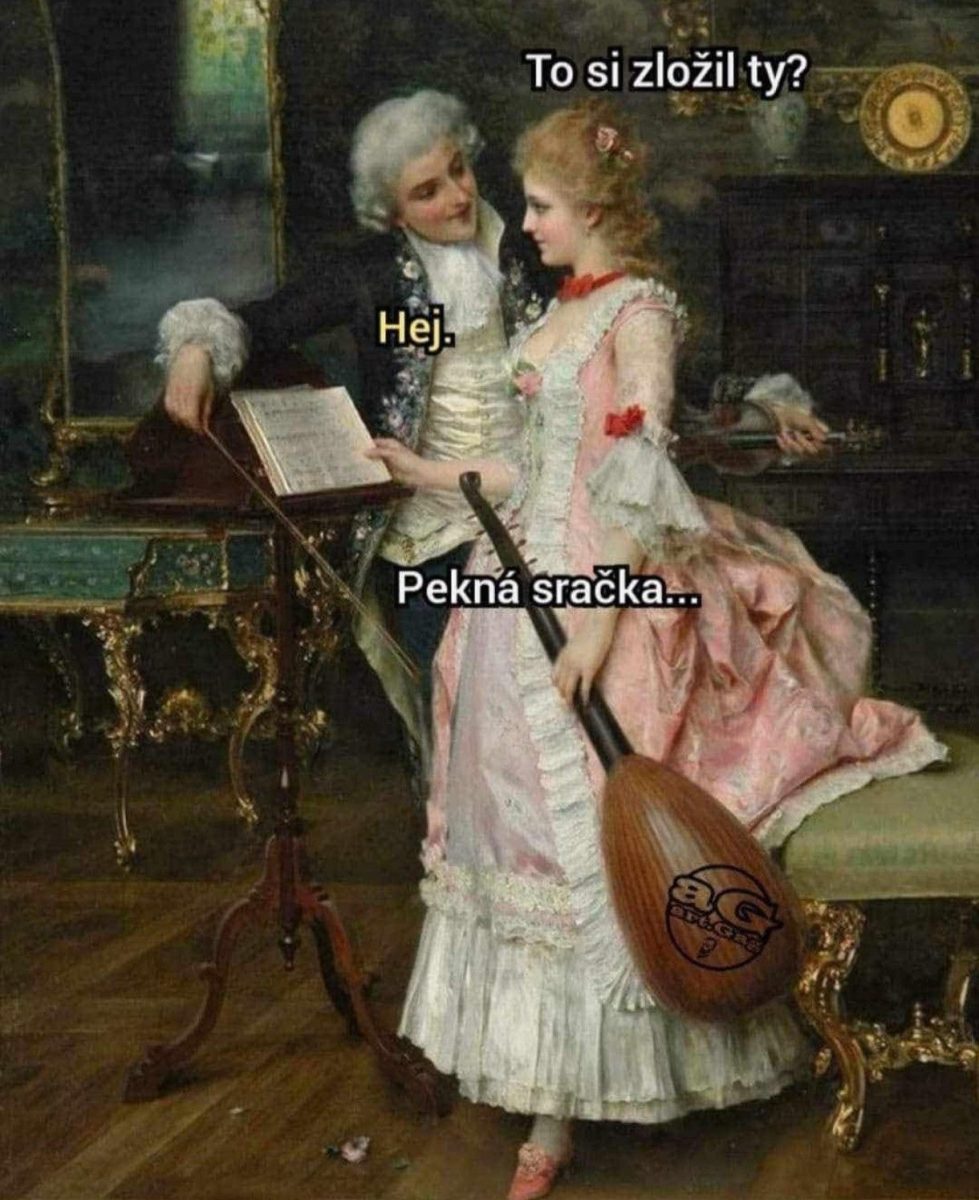 Obraz historického páru diskutujúceho o hudbe s vtipnými textovými bublinami.