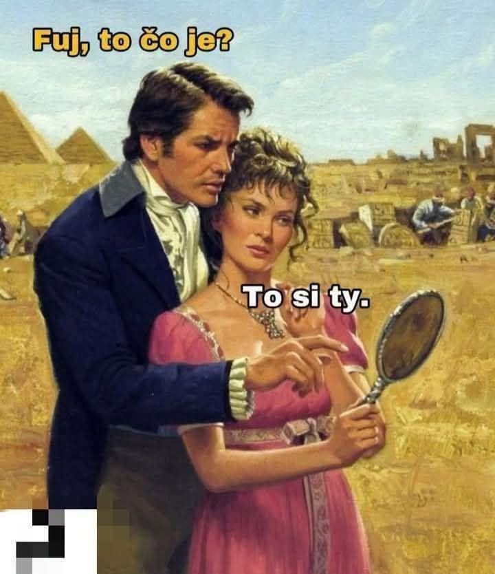 Romantický pár v historickom oblečení s vtipným textom, ktorý ženu zobrazuje s ručným zrkadlom.