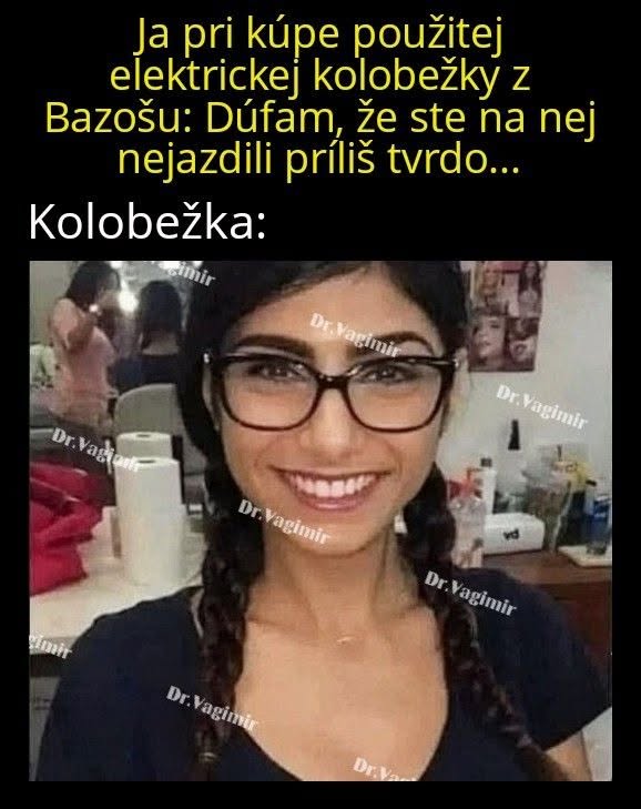 Vtipný meme obrázok s textom o kúpe použitej elektrickej kolobežky a reakciou na jej stav.