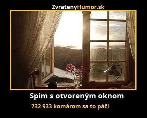 Oknom prúdi svetlo, nápis: Spím s otvoreným oknom, 732 933 komárom sa to páči.