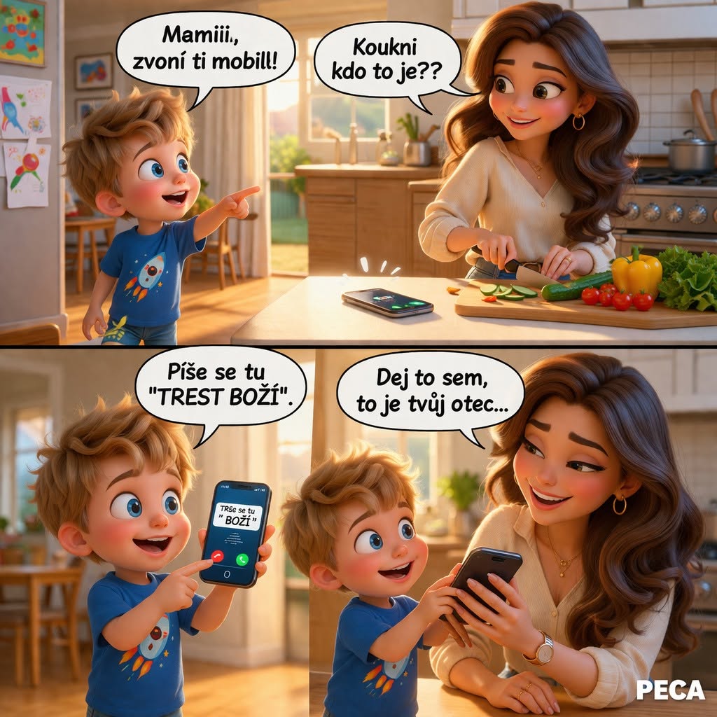 Dieťa oznamuje mame hovor s textom TRENT BOŽÍ na mobile, mama sa smeje.