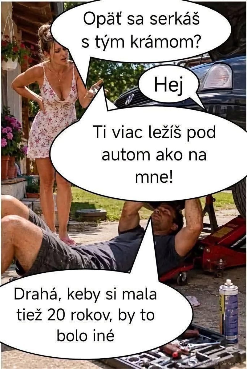 Muž leží pod autom a opravuje ho, zatiaľ čo sa s partnerkou doberajú vtipnými poznámkami.