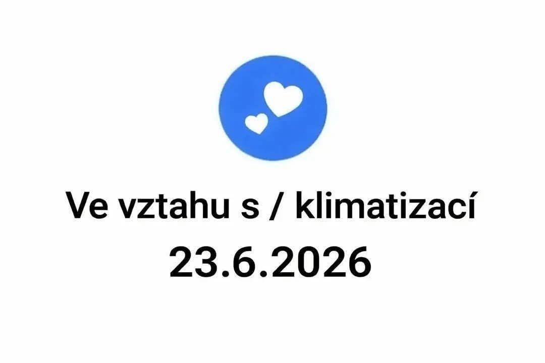 Vo vzťahu s klimatizáciou, dátum 23.6.2026, modrý kruh s bielymi srdiečkami.